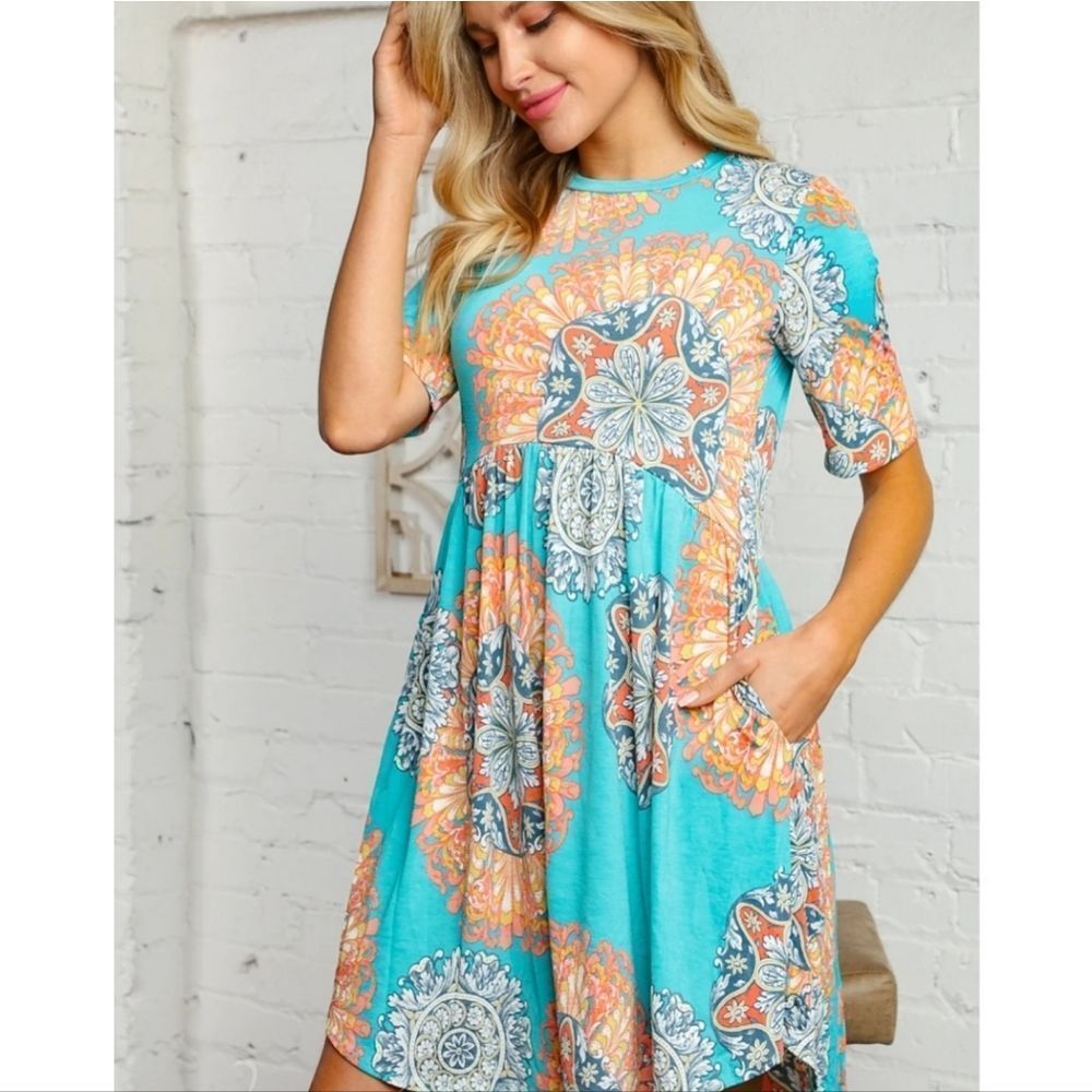 Aqua Print Babydoll Pocketed Dress